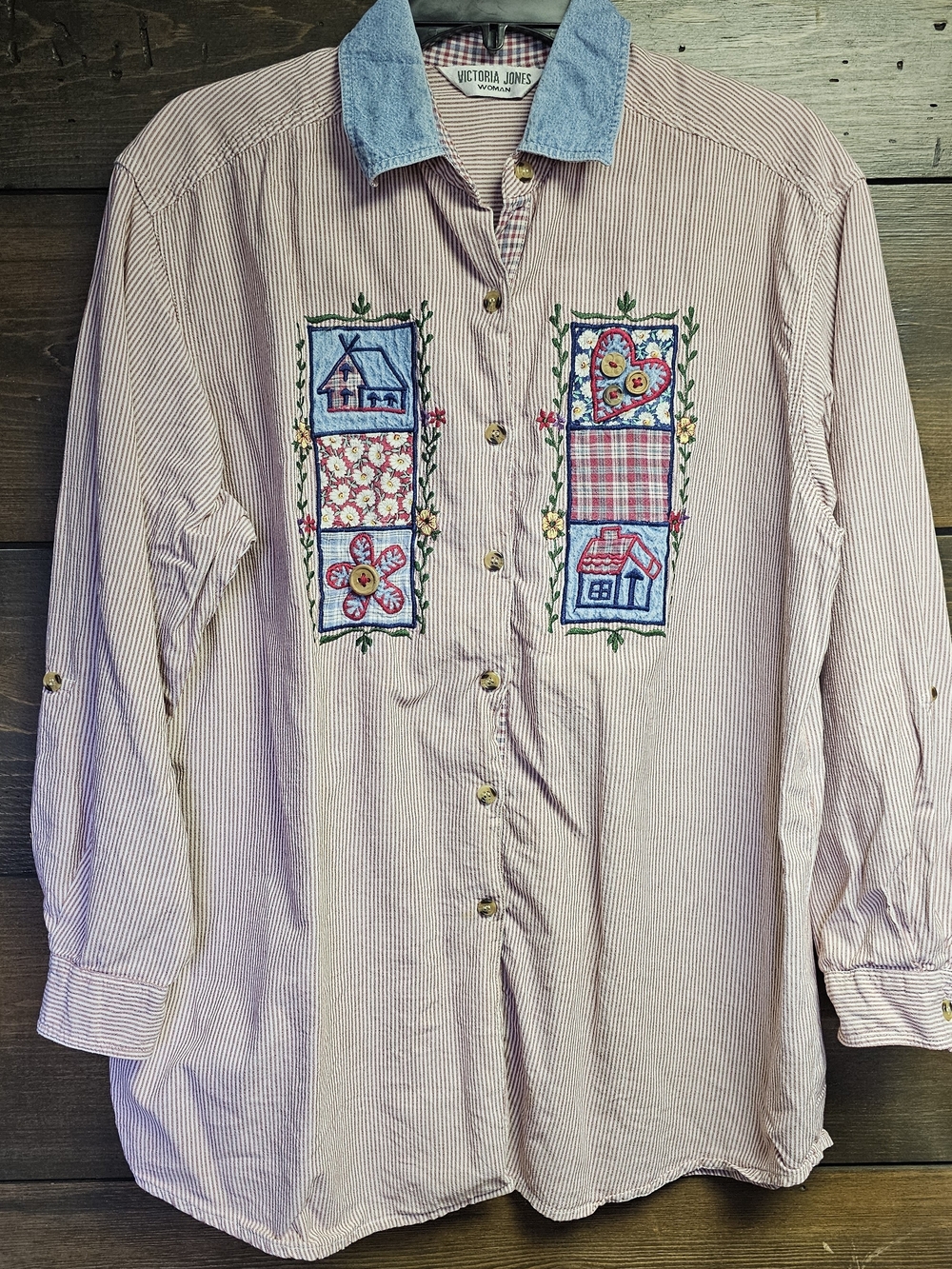Victoria Jones Embroidered Patchwork Button-Up Shirt Cottagecore Size Xl